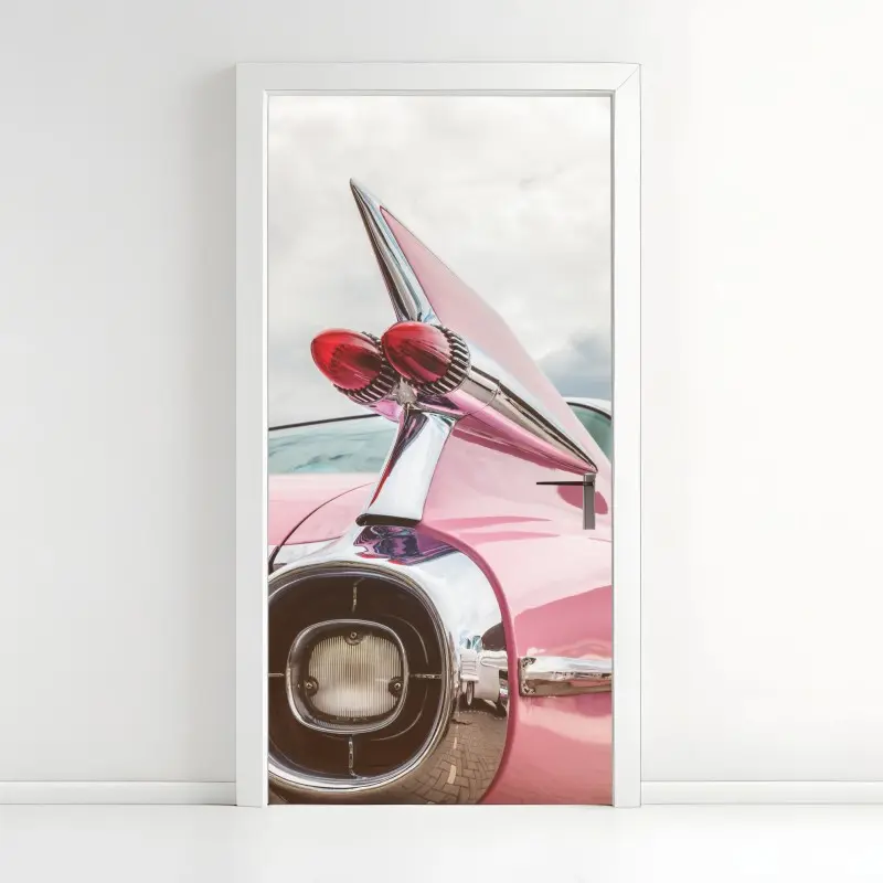 Door sticker retro pink classic car tailfin