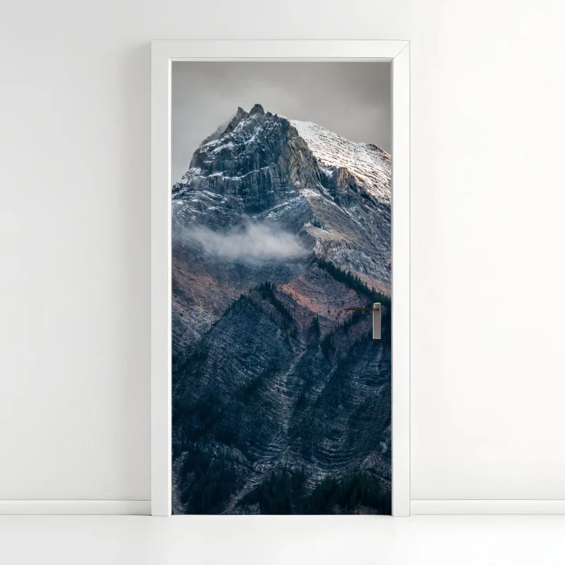 Door sticker dramatic alpine peak in mist