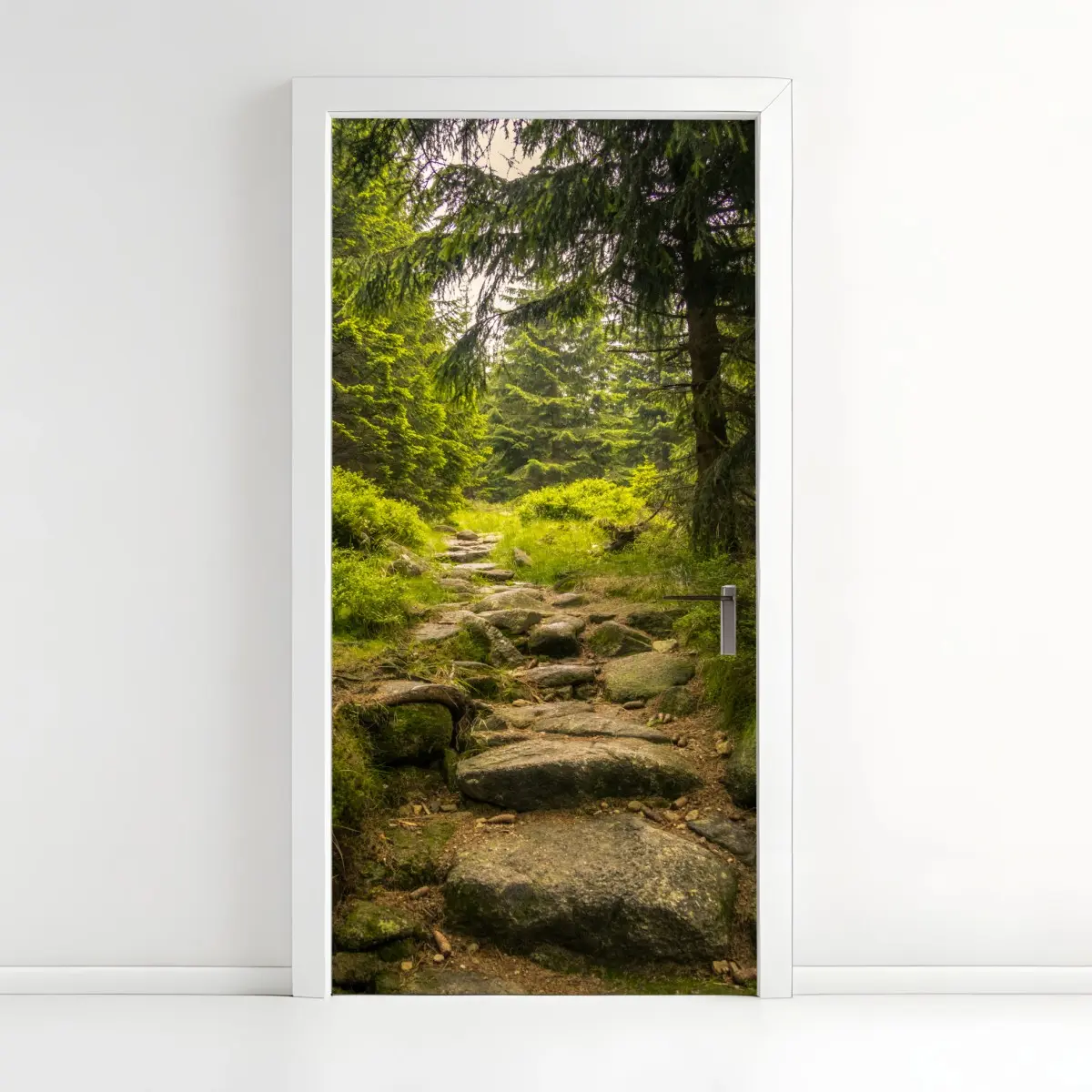 Door sticker serene forest path through evergreen woods • Wallissimo® Door sticker serene forest path through evergreen woods • Wallissimo®