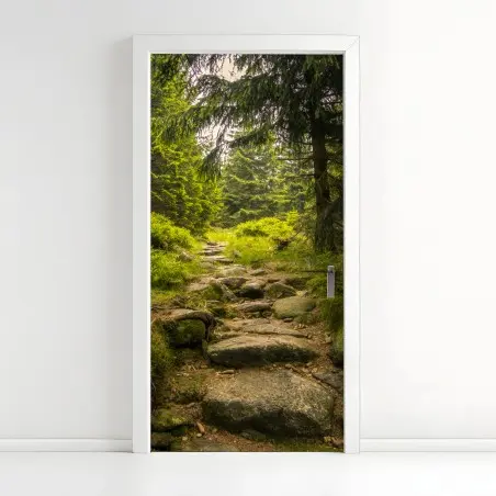 Door sticker serene forest path through evergreen woods • Wallissimo®