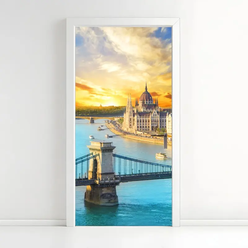 Door sticker sunset over Budapest skyline with Chain Bridge