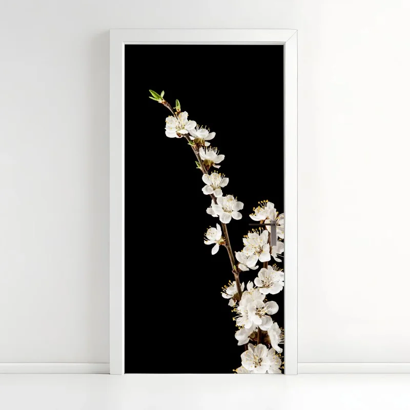 Door sticker delicate apricot blossom branch on black