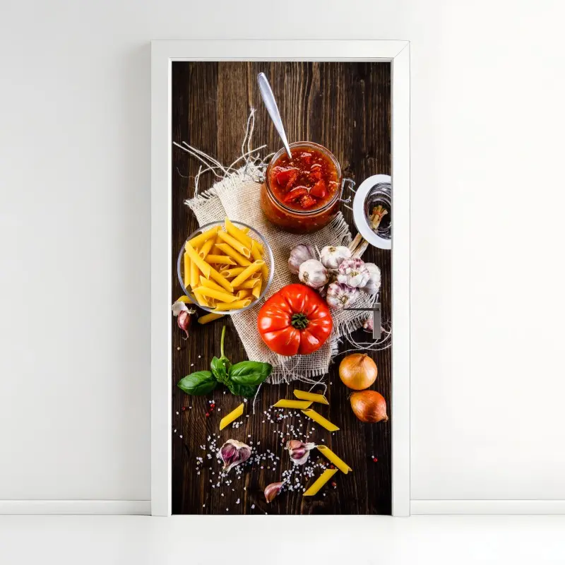 Door sticker rustic italian pasta ingredients flat lay