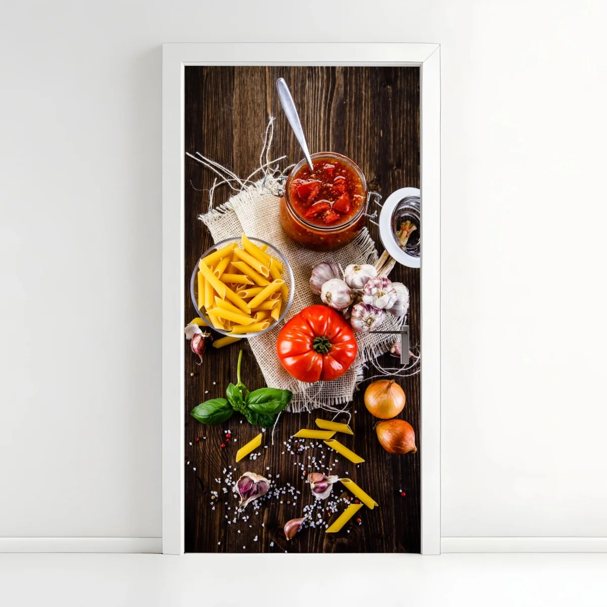 Door sticker rustic italian pasta ingredients flat lay ⁕ Wallissimo® Door sticker rustic italian pasta ingredients flat lay ⁕ Wallissimo®