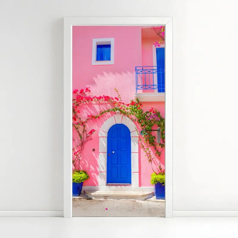 Door sticker vibrant pink facade with blue door