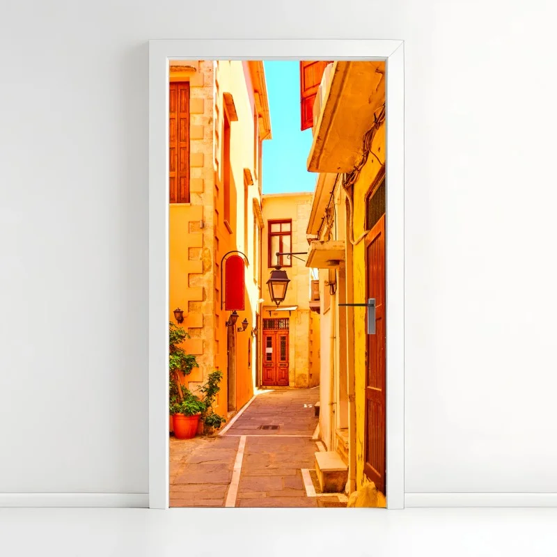 Door sticker sunlit yellow street in Rethymno, Crete