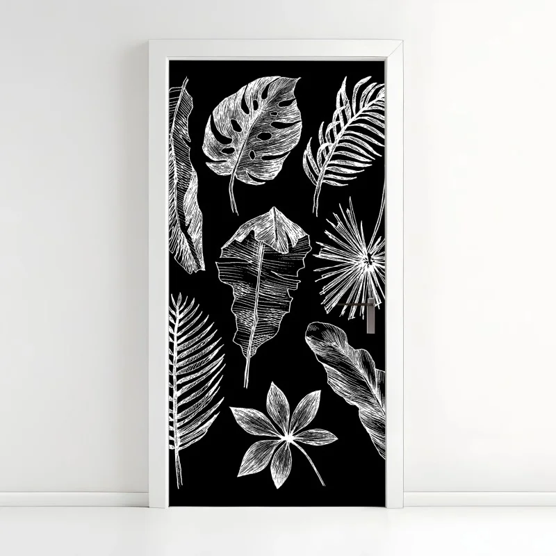 Door sticker monochrome botanical leaf composition