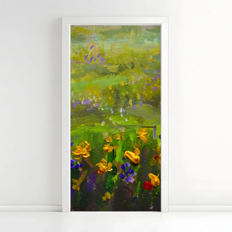Door sticker vibrant meadow oil painting close-up