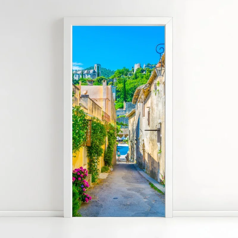 Door sticker sunlit Mediterranean village street