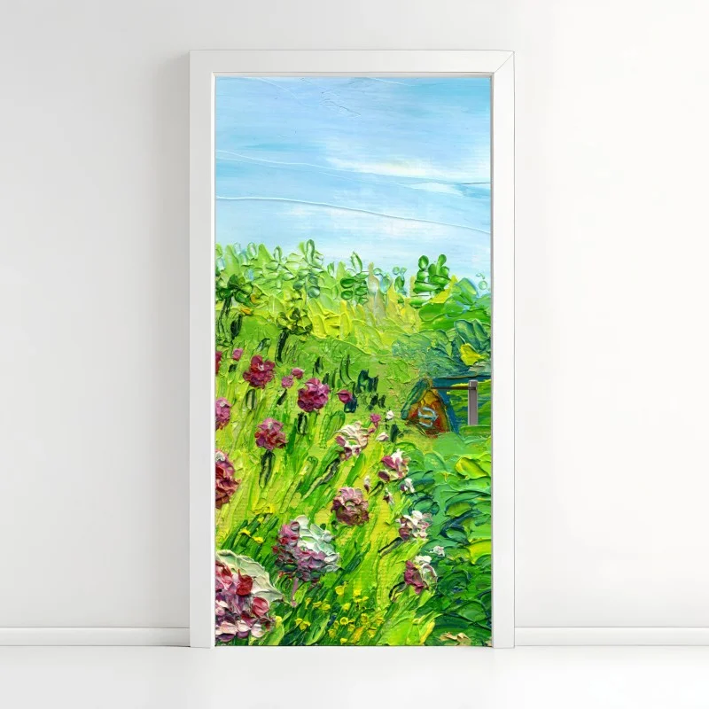 Door sticker peony meadow in spring — impasto floral painting
