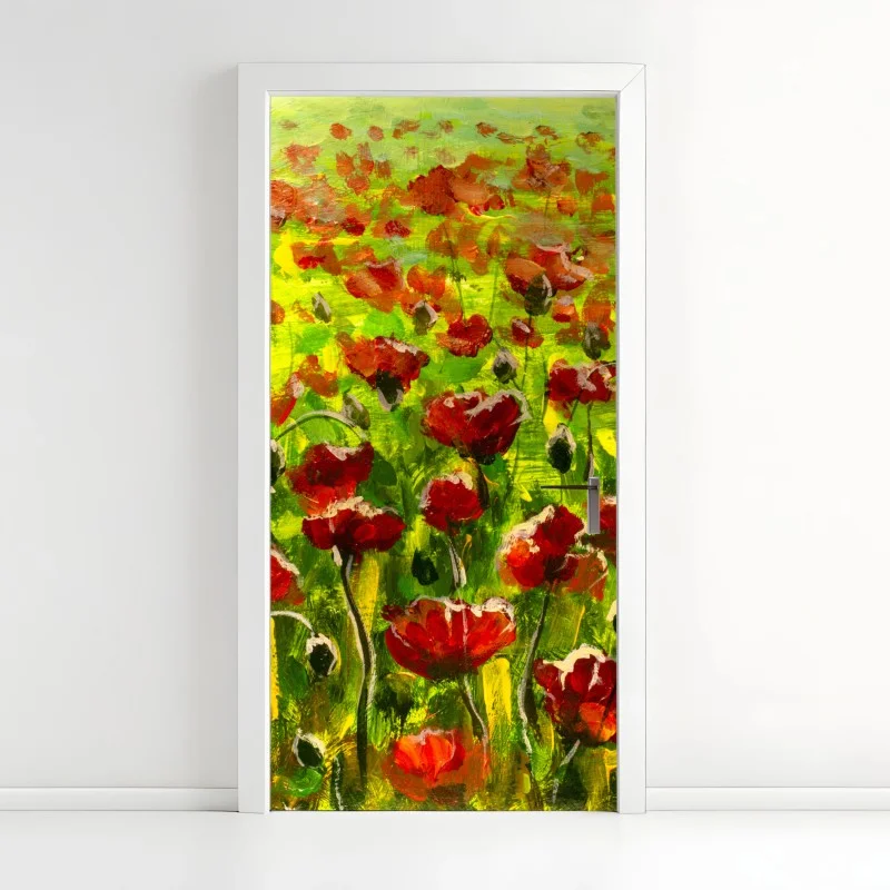 Door sticker vibrant field of red poppies