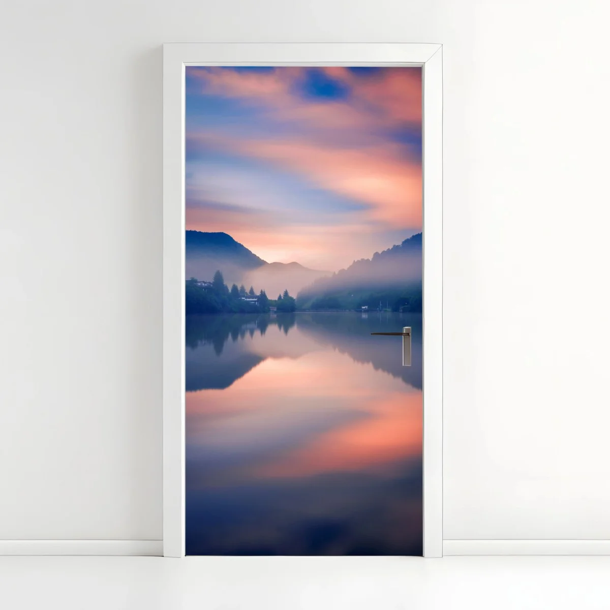 Door sticker misty mountain lake at dawn • Wallissimo® Door sticker misty mountain lake at dawn • Wallissimo®