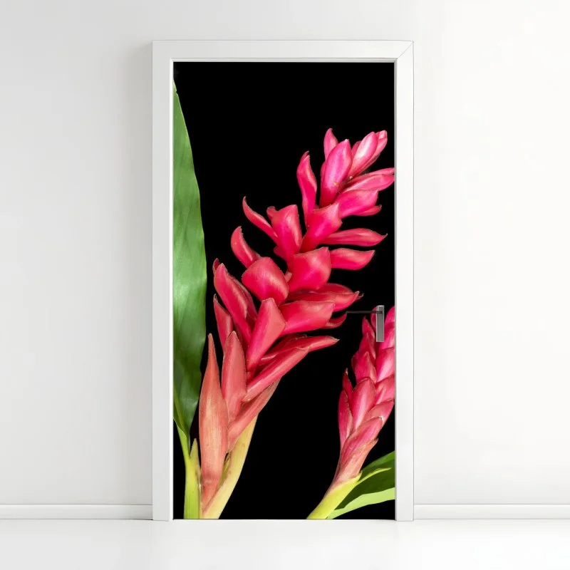 Door sticker vibrant torch ginger bloom on black