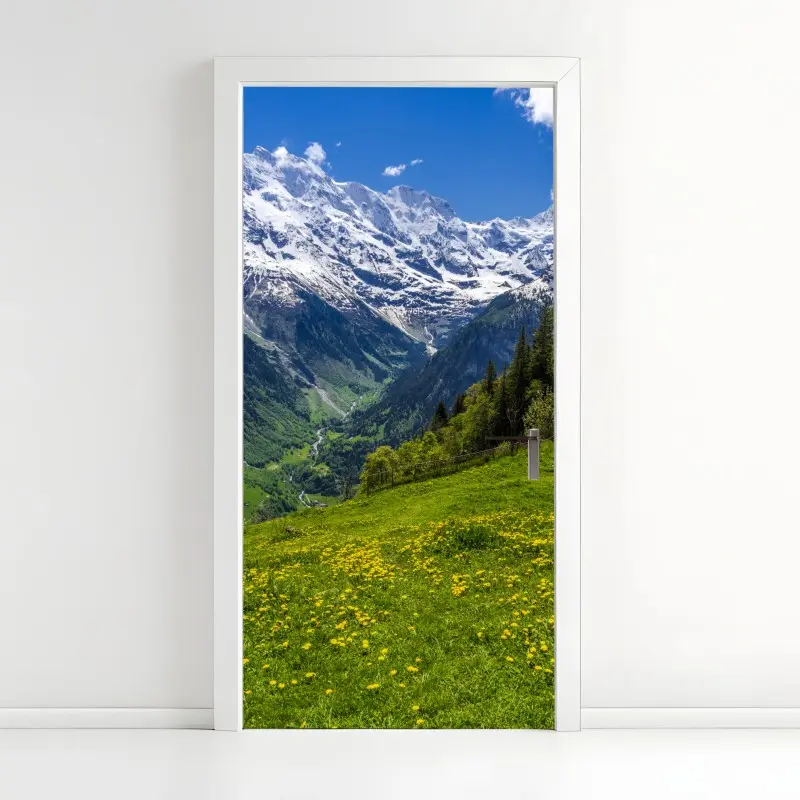 Door sticker alpine spring meadow under snowy peaks