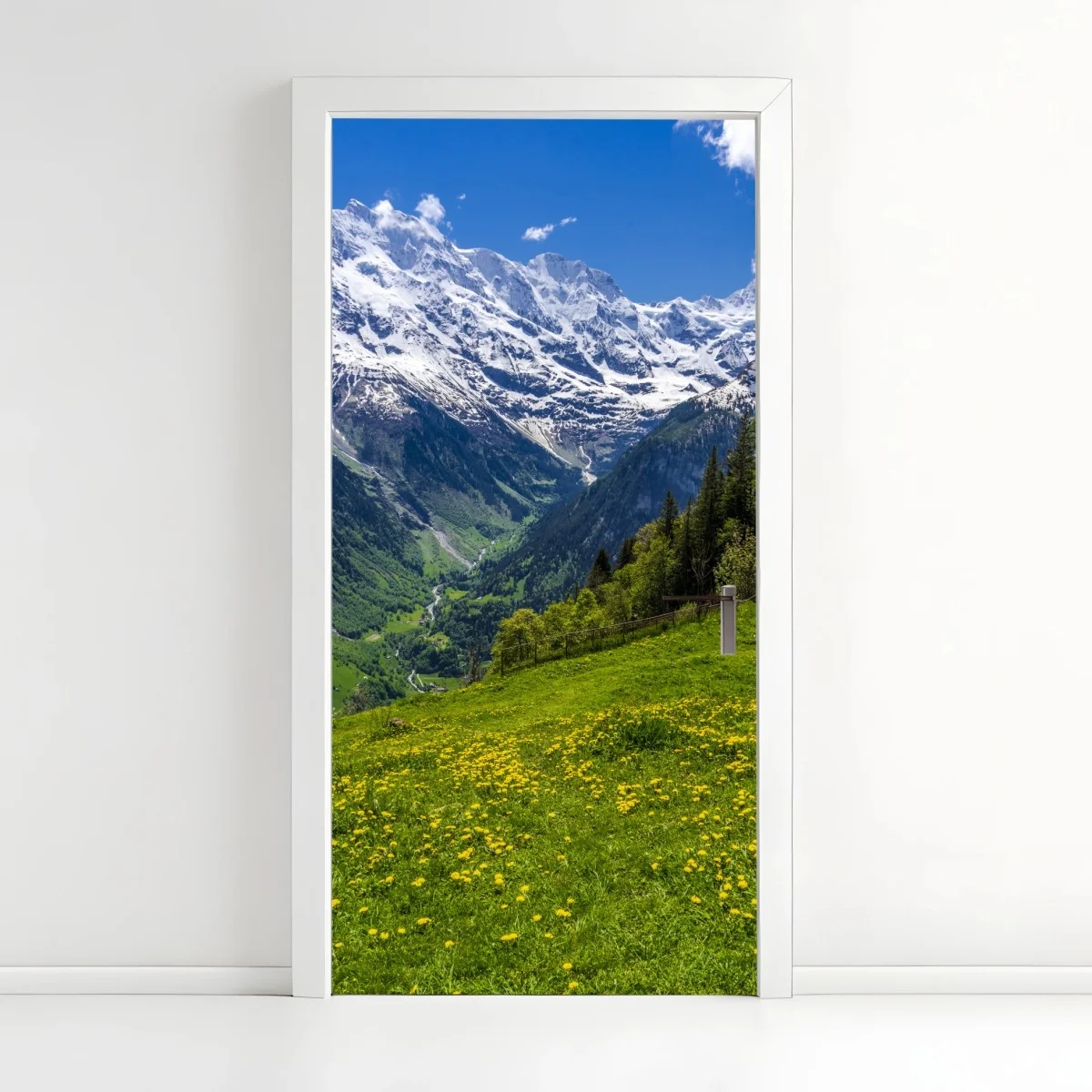 Door sticker alpine spring meadow under snowy peaks • Wallissimo® Door sticker alpine spring meadow under snowy peaks • Wallissimo®