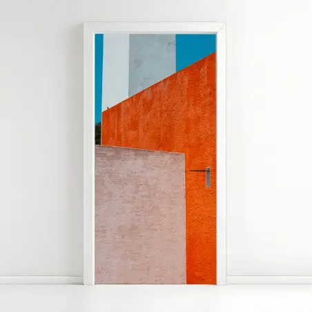 Door sticker bold geometric facade in orange and turquoise • Wallissimo®