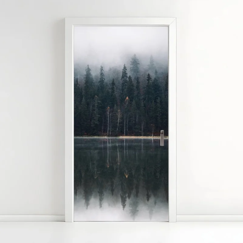 Door sticker misty forest reflection