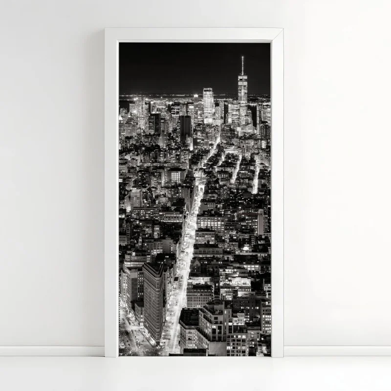 Door sticker monochrome city skyline at night