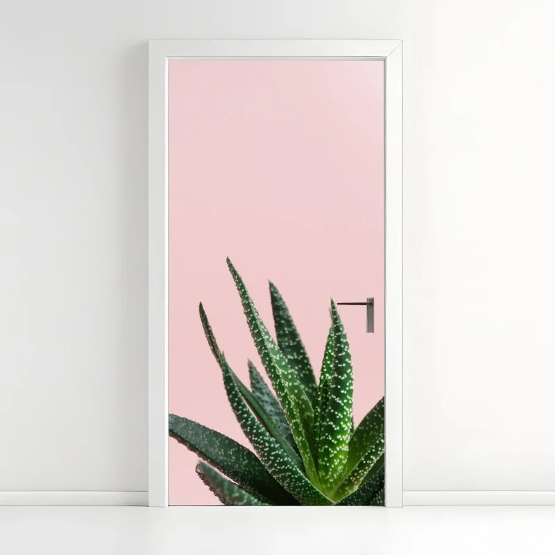 Door sticker green aloe on pink background