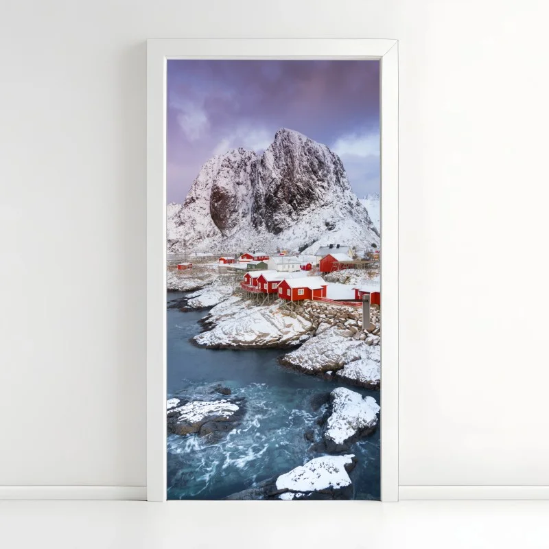 Door sticker red coastal cabins beneath snowy mountain
