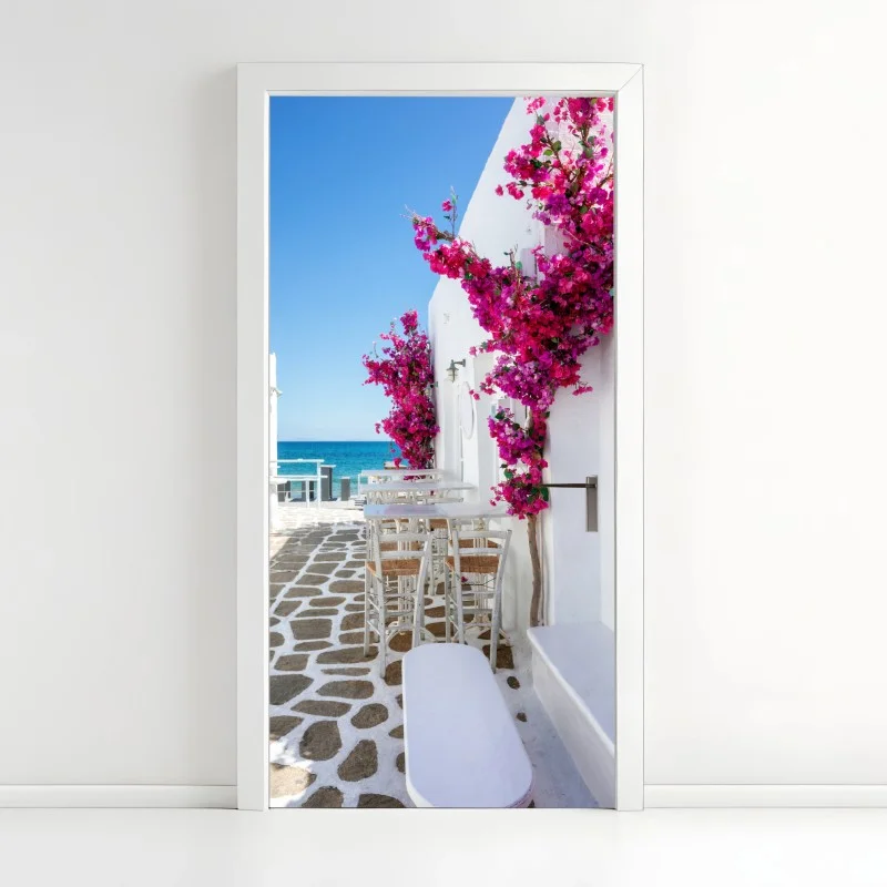 Door sticker sunny Mediterranean alley with bougainvillea