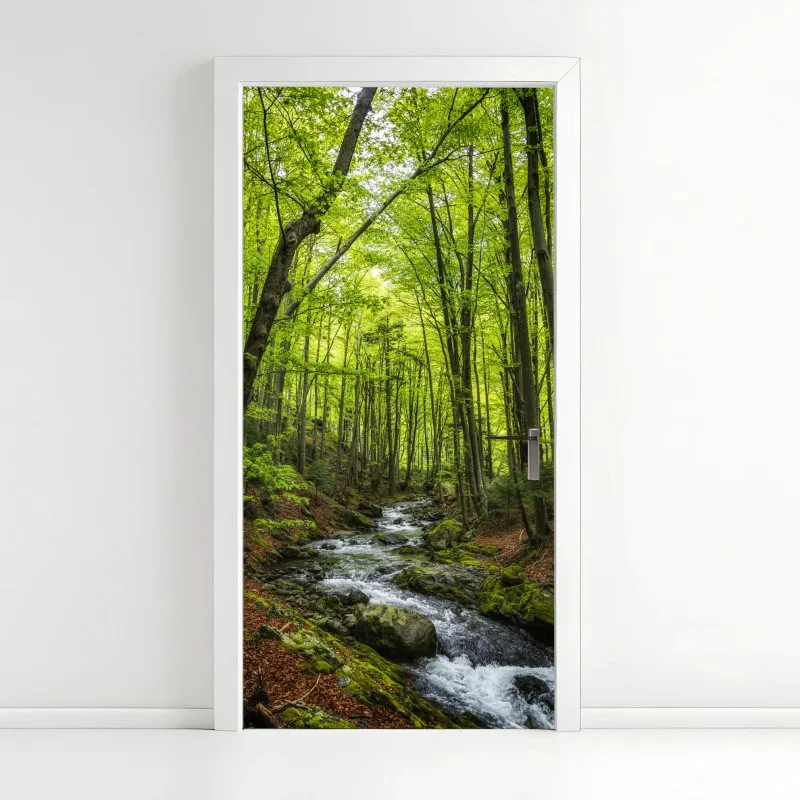 Door sticker serene green forest stream