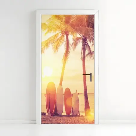 Door sticker tropical sunset with surfboards • Wallissimo®