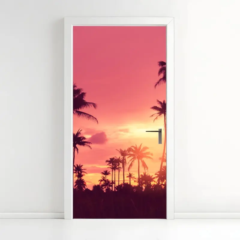 Door sticker pink tropical sunset with palms