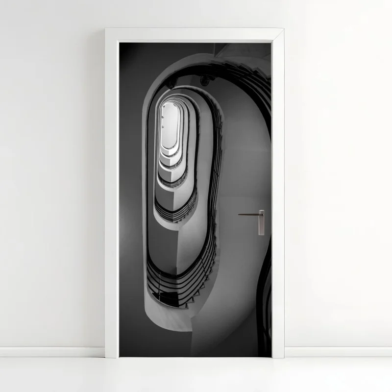 Door sticker spiral staircase perspective in black and white
