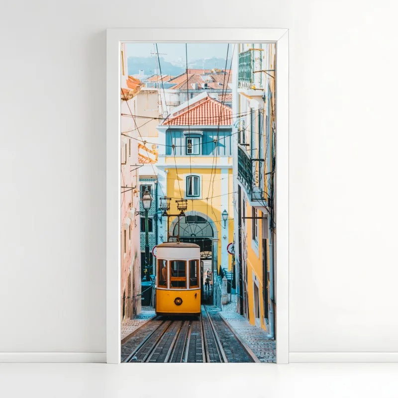 Door sticker vibrant bica tram in Lisbon