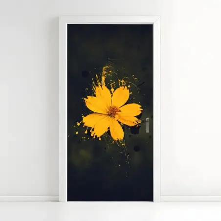 Door sticker vibrant yellow bloom on dark background • Wallissimo®
