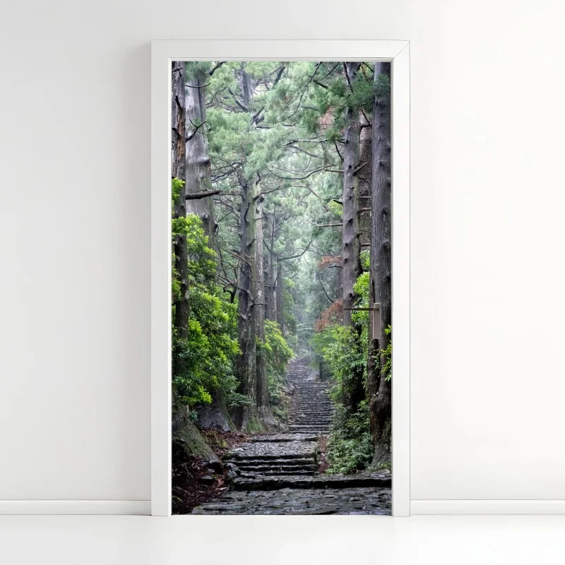 Door sticker misty forest path through ancient trees