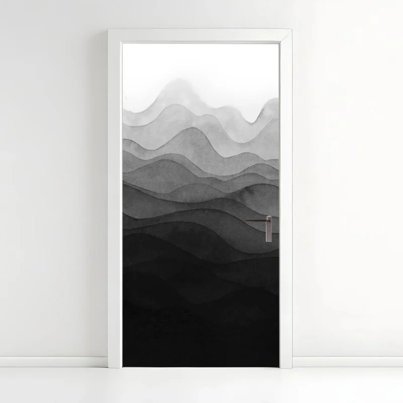Door sticker monochrome layered mountain waves