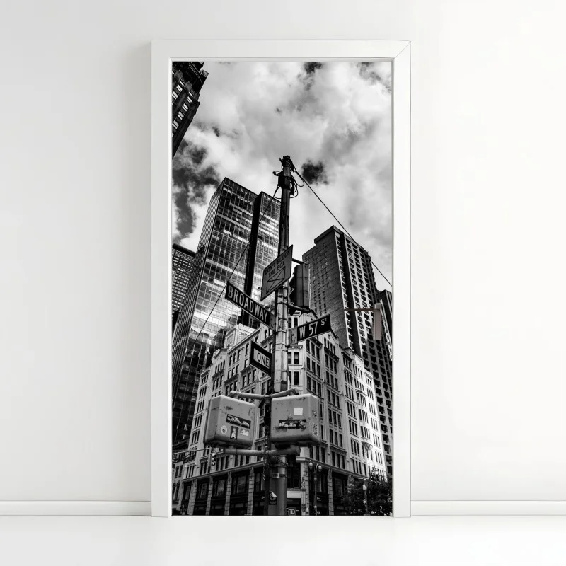 Door sticker Broadway at W 57 St — urban skyline in black and white