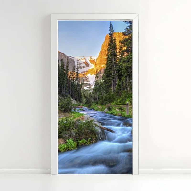 Door sticker golden peak over alpine creek