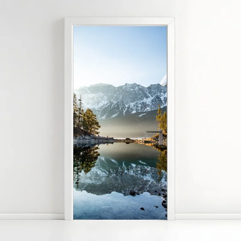 Door sticker mountain lake reflection at sunrise