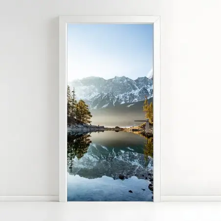 Door sticker mountain lake reflection at sunrise • Wallissimo®