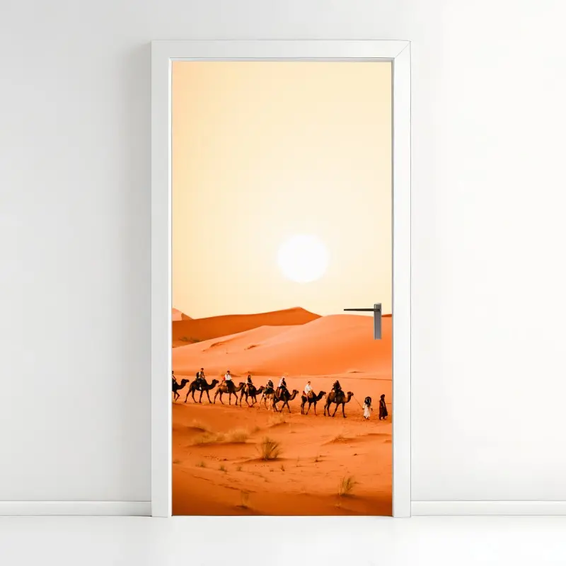 Door sticker sunset camel caravan over desert dunes