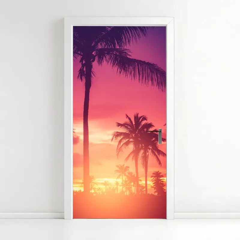 Door sticker tropical sunset palm silhouettes