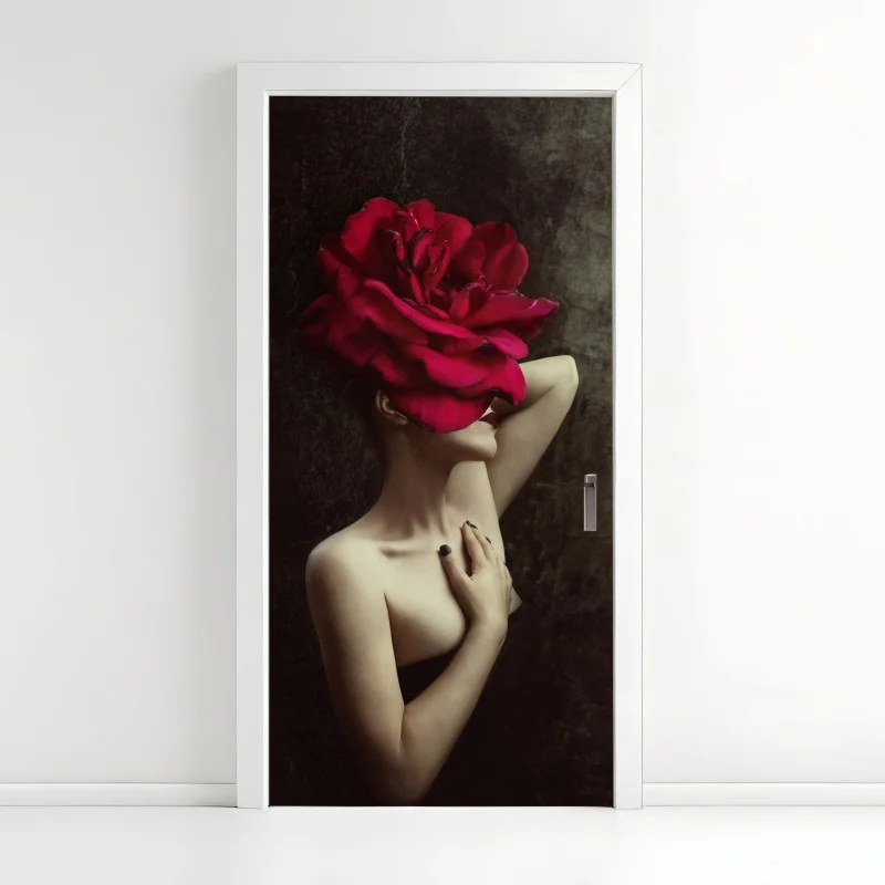 Door sticker woman with a rose head surreal floral portrait