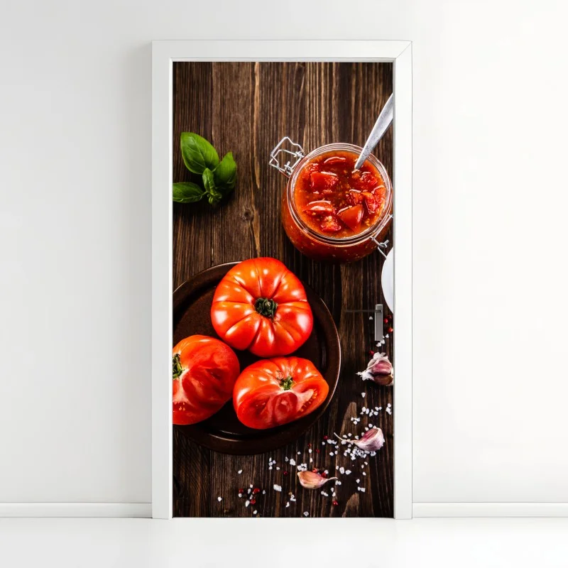 Door sticker fresh tomatoes and homemade sauce still life