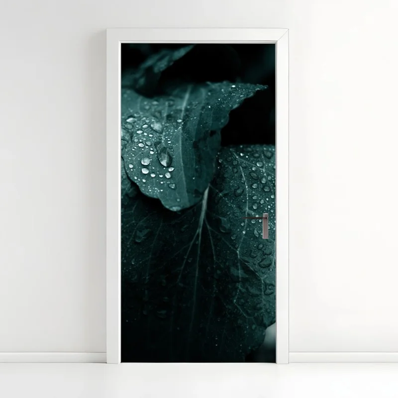 Door sticker teal dewdrops on leaves