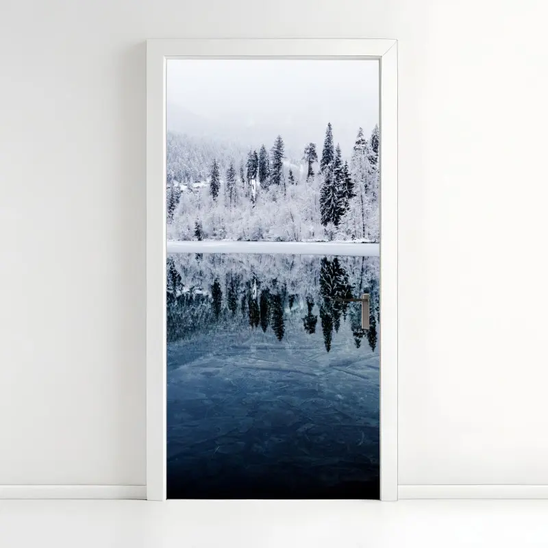 Door sticker winter lake reflection in snowy forest