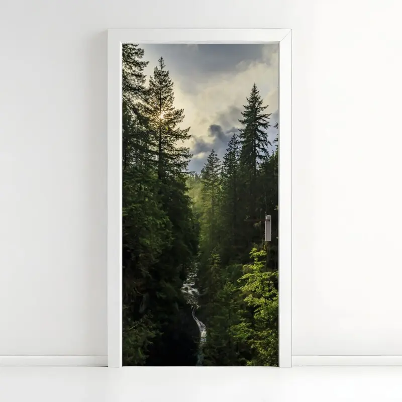 Door sticker misty evergreen forest waterfall