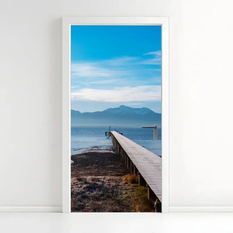 Door sticker misty mountain pier at dawn