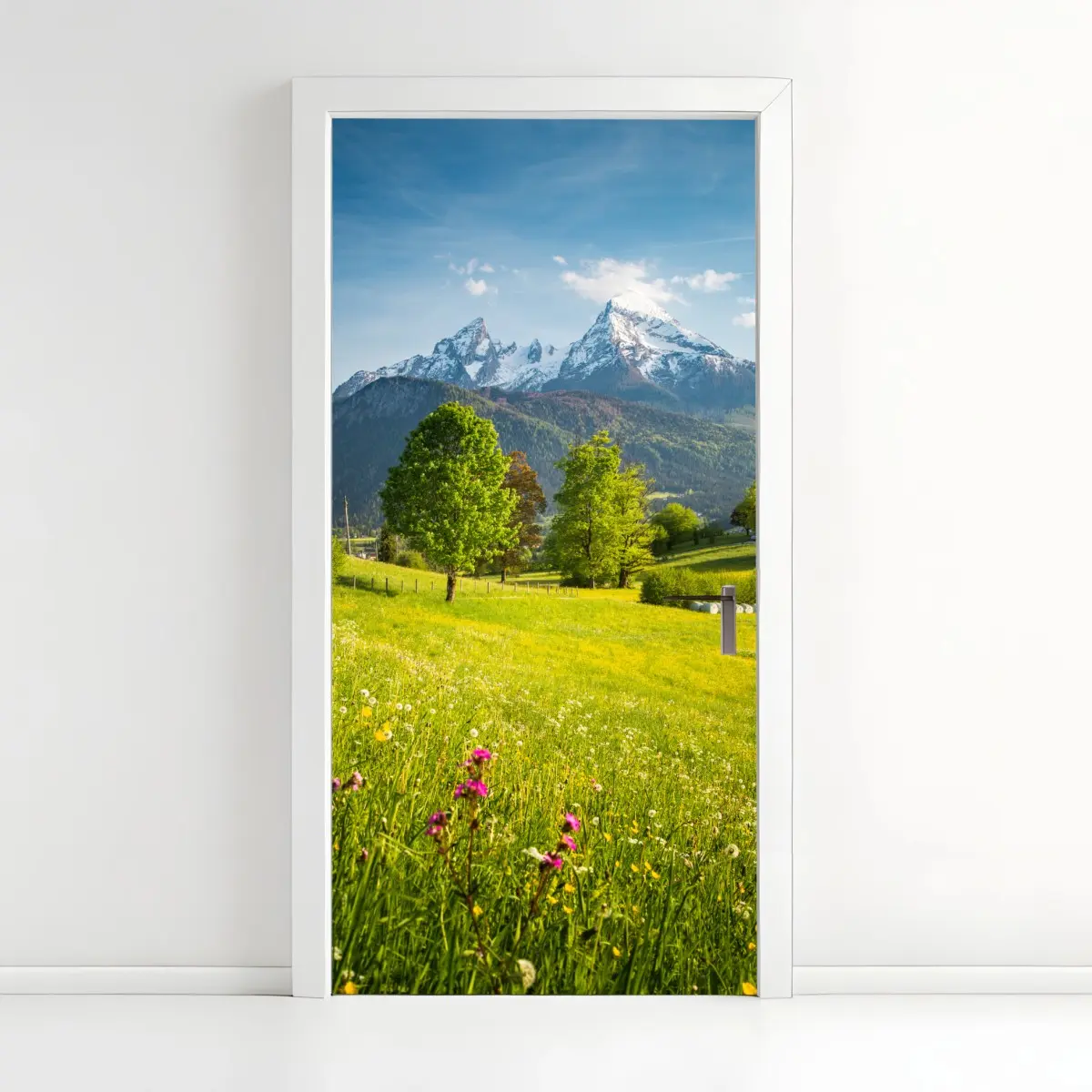 Door sticker alpine spring meadow beneath snowcapped peaks • Wallissimo® Door sticker alpine spring meadow beneath snowcapped peaks • Wallissimo®