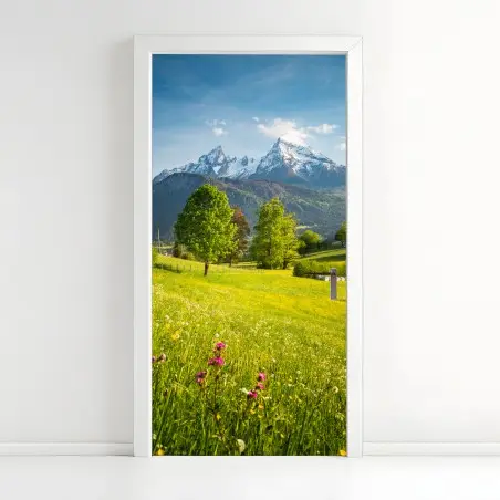 Door sticker alpine spring meadow beneath snowcapped peaks • Wallissimo®