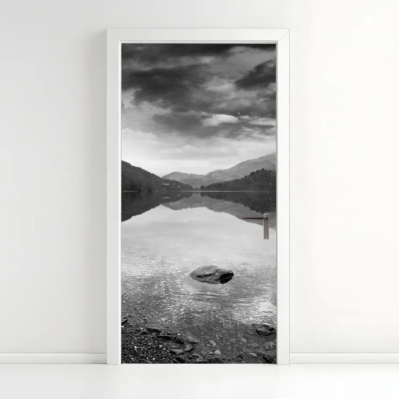 Door sticker serene mountain lake reflection