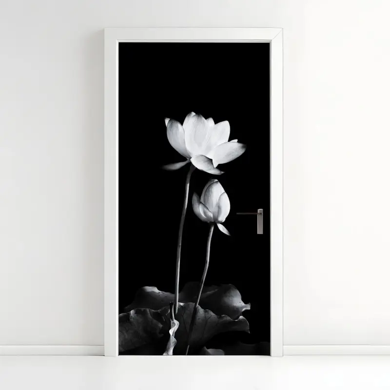 Door sticker white lotus in monochrome