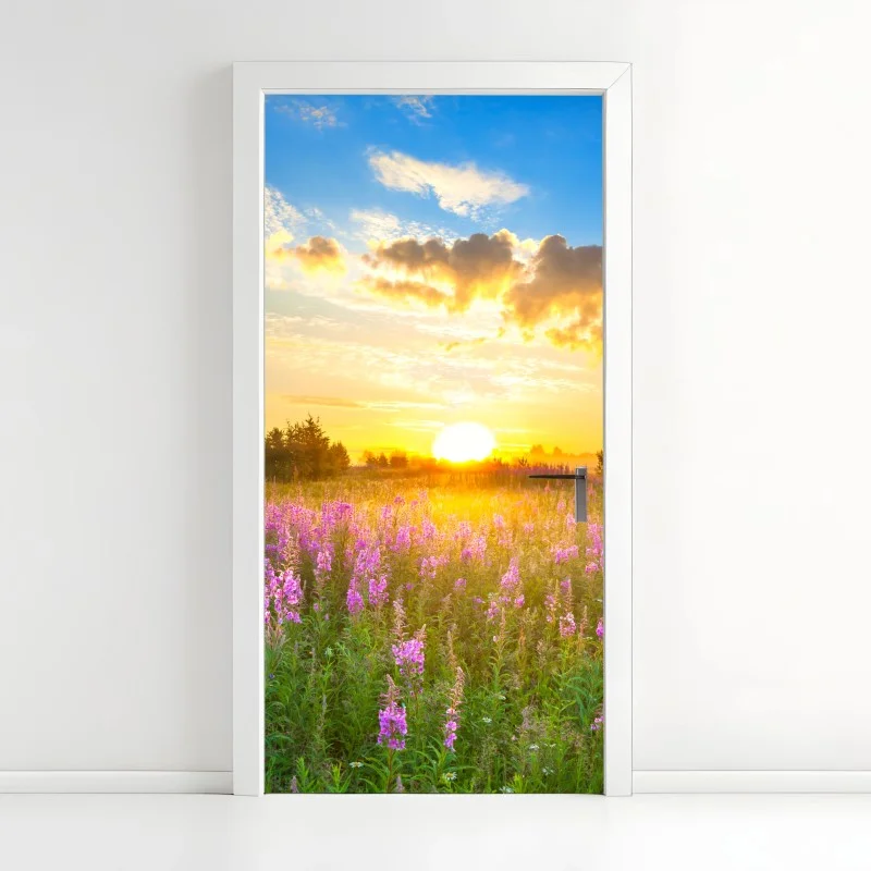 Door sticker sunrise in a purple wildflower meadow